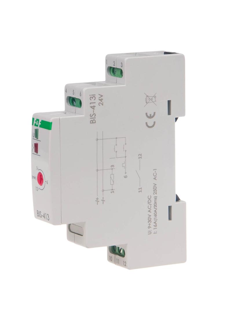 Przekaźnik bistabilny z wyłącznikiem czasowym 9-30 V AC/DC na szynę DIN z przekaźnikiem inrush 160A/20ms BIS-413-LED-24V F&F