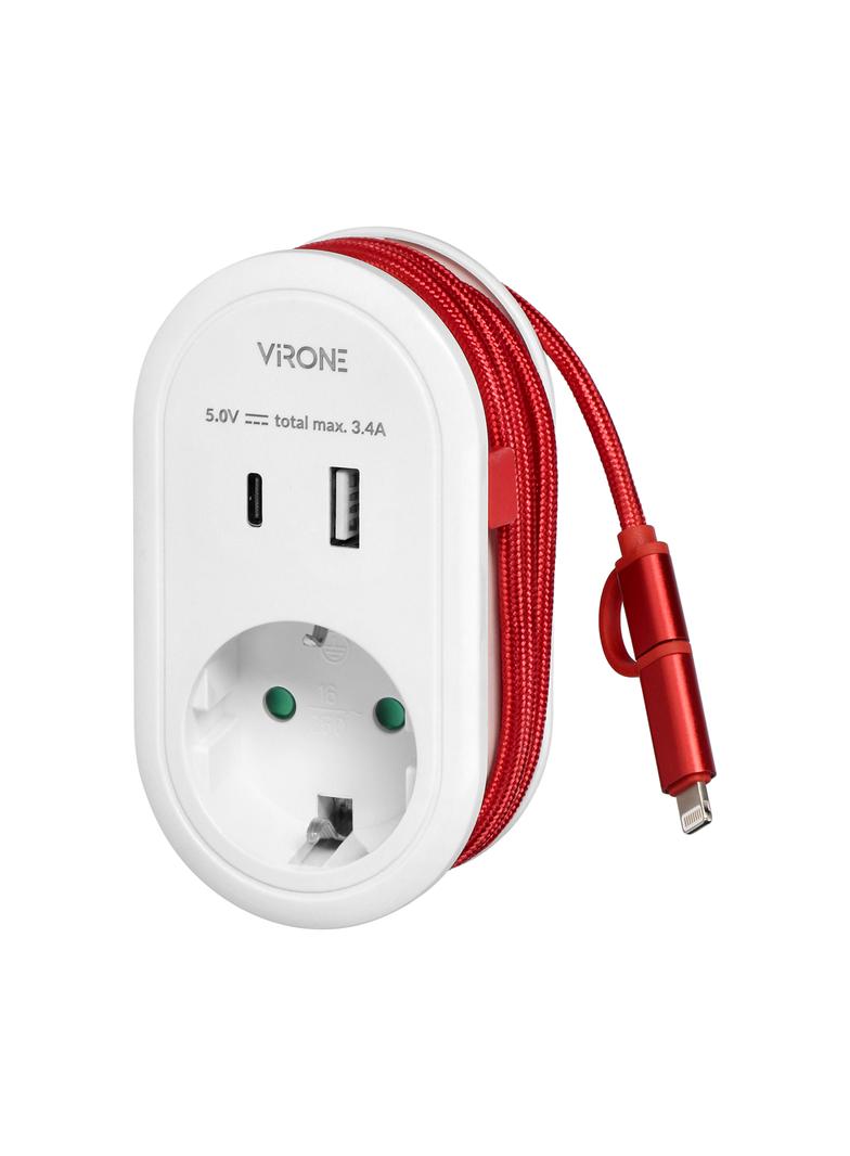 Adapter 1x 2P+Z z ładowarką USB (Typ A+C), 5V DC/ 3,4A, z dodatkowym kablem ładującym (typ C + Light