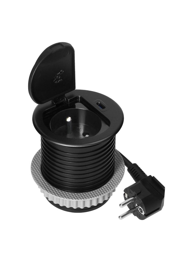 Gniazdo meblowe O6cm wpuszczane w blat z pokrywką, ładowarką USB i przewodem 1,9m, 1x2P+Z (French),