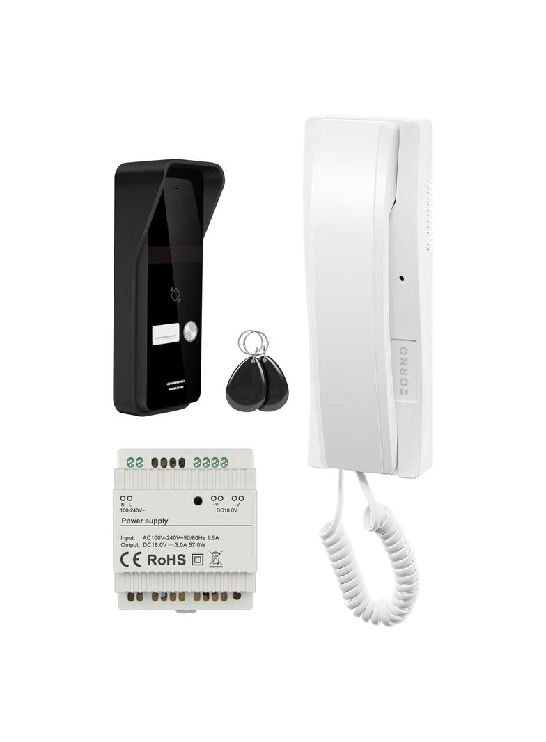 ENIR, zestaw domofonowy jednorodzinny, 2-żyłowy, zasilacz na szynę DIN, z czytnikiem breloków, biały