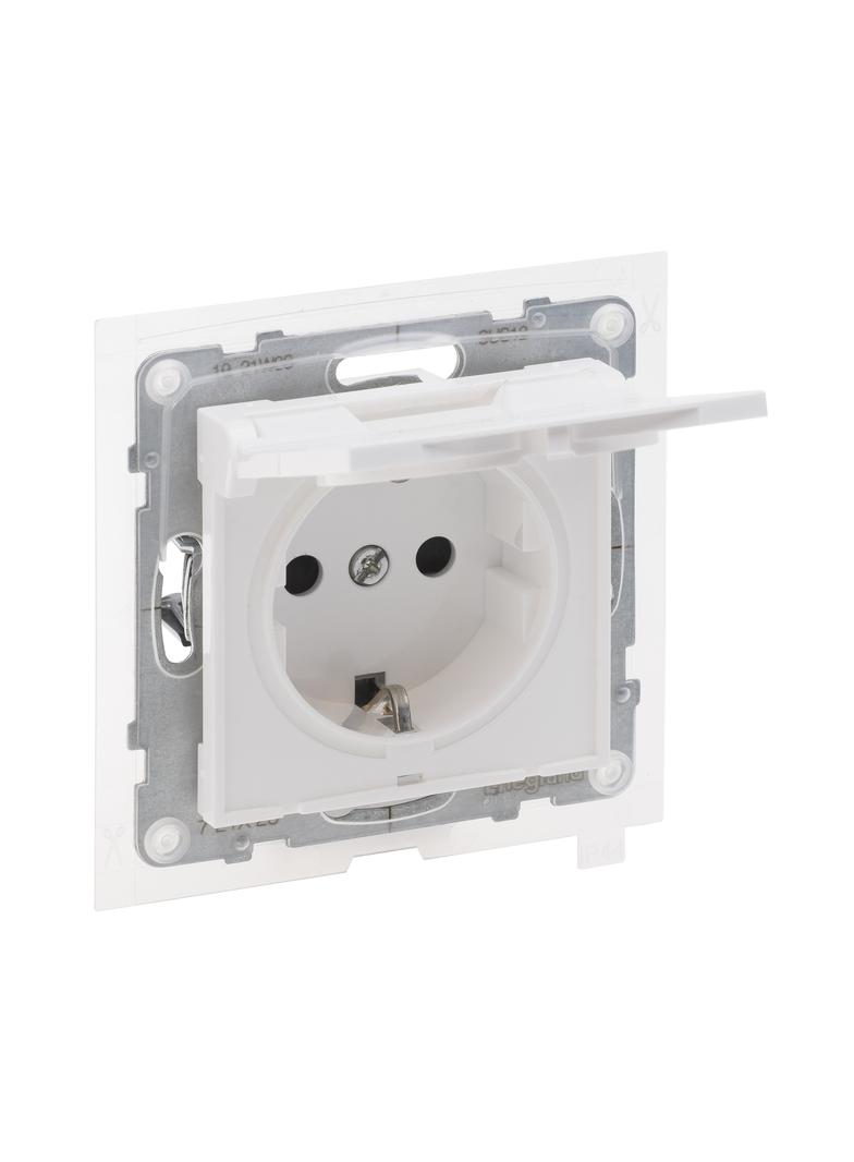 Suno Gniazdo Pojedyncze Z Uziemieniem Schuko 2P+Z- 16A 250 V Z Przesłoną IP44 Zaciski Automatyczne Biały 721123 LEGRAND
