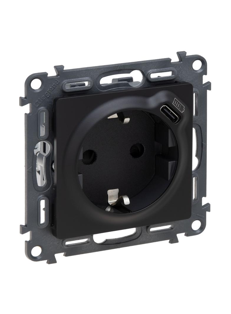 VALENA LIFE - GNIAZDO SCHUKO 2P+Z Z GNIAZDEM USB TYP C - CZARNE