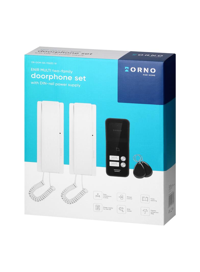 ENIR MULTI, zestaw domofonowy dwurodzinny, 2-żyłowy, zasilacz na szynę DIN, z czytnikiem breloków, b
