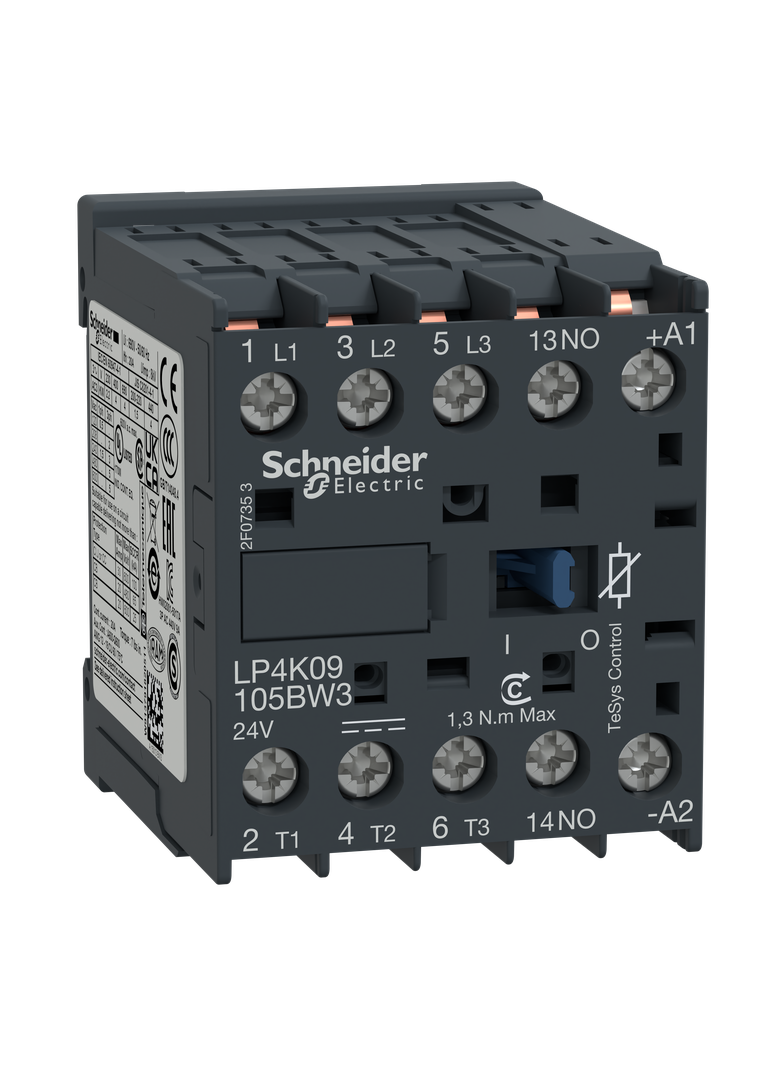 Stycznik mocy, TeSys K, 9A, 3P, 1NO, cewka 24VDC, nóżki lutownicze LP4K09105BW3
