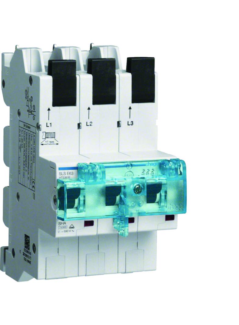MCB SLS Wyłącznik nadprądowy selektywny 3P E 63 A szyny Cu 40-12x5/10mm HTS363E HAGER