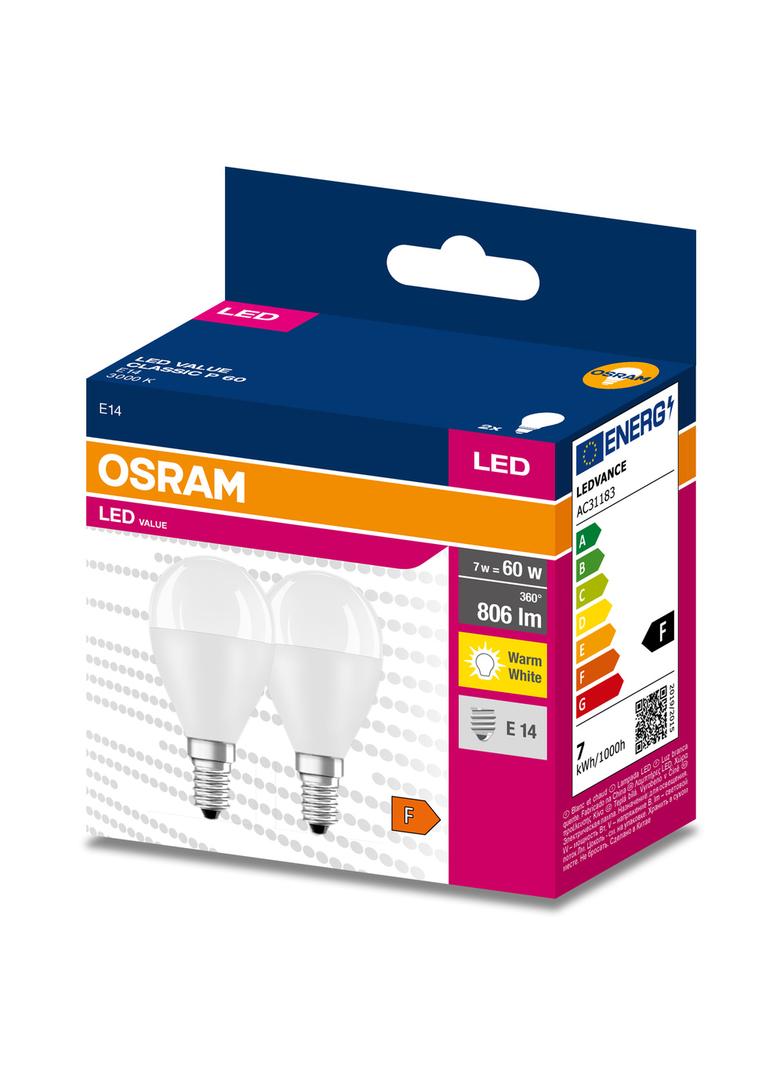 Żarówka LED x2 P45 Kulka E14 6.5W = 60W 806lm 3000K Ciepła 180° VALUE CLASSIC Osram