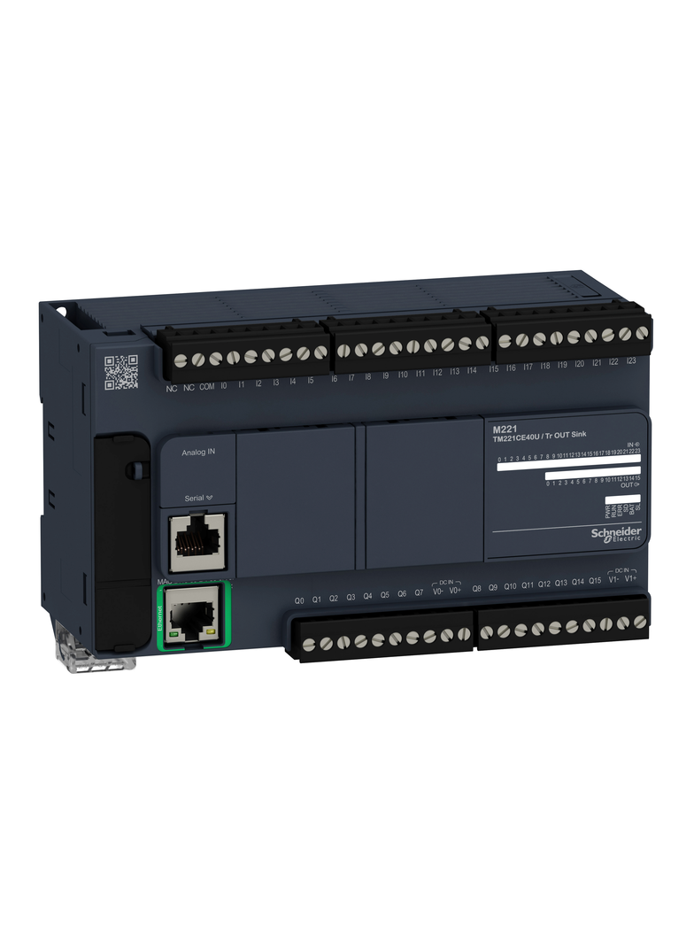 Modicon M221, sterownik kompaktowy, port szeregowy RJ45, Ethernet, 24 wejść, 16 wyjść tranzystorowyc