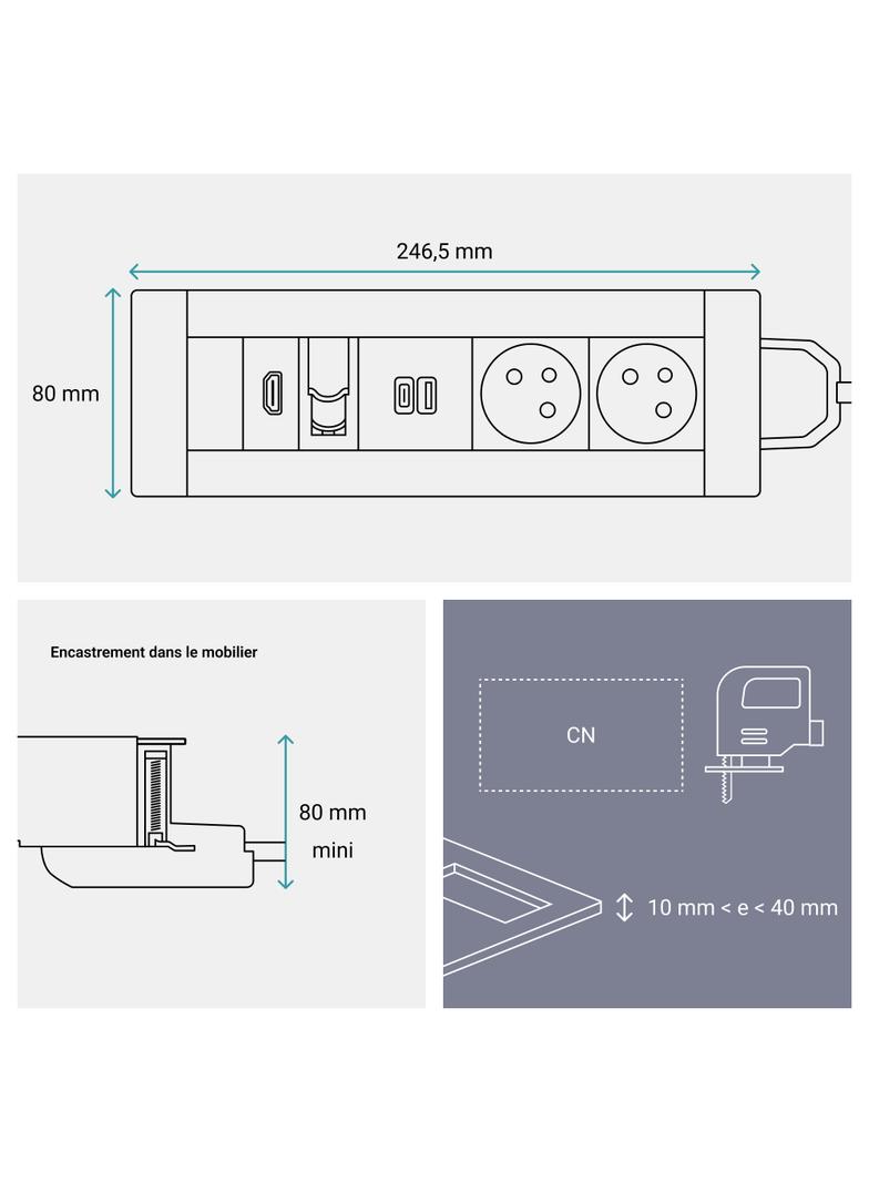 INCARA: MULTILINK - 2X2P+Z / USB A+C / RJ45 / HDMI - 2,0 M-METAL, Legrand