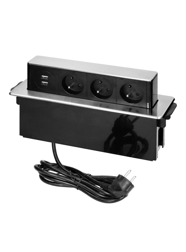 Gniazda wysuwane z blatu z płaskim frezowanym rantem ładowarką USB i przewodem 2m 3 gniazda typ E OR