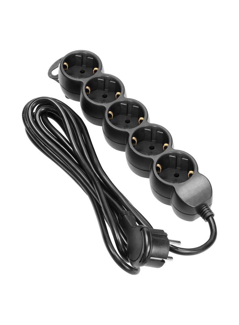 Przedłużacz 5-krotny 2P+Z (Schuko), 5m H05VV-F 3x1,5mm2, Imax=16A, płaska wtyczka, czarny