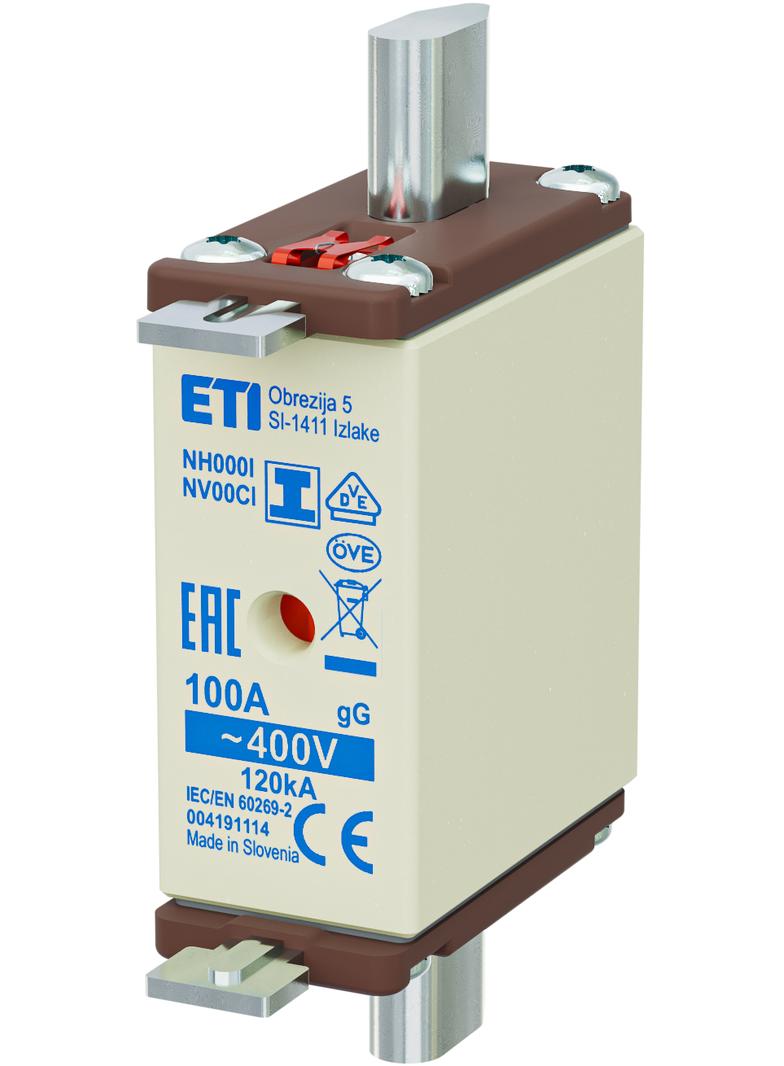 Wkładka topikowa NH zwłoczna KOMBI Zaczepy izolowane NH000/I gG 100A 400V 004191114 ETI