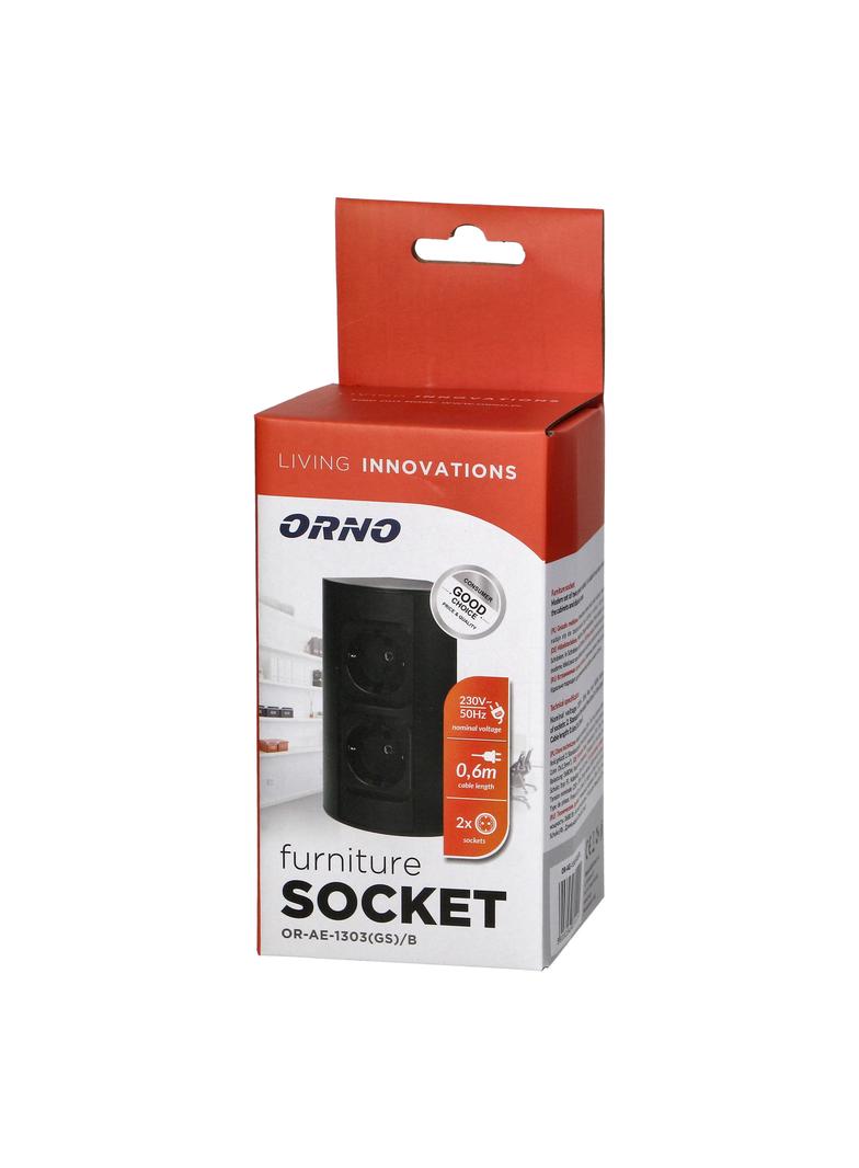 Gniazdo meblowe bez wyłącznika, 2x2P+Z (Schuko), czarne OR-AE-1303(GS)/B ORNO