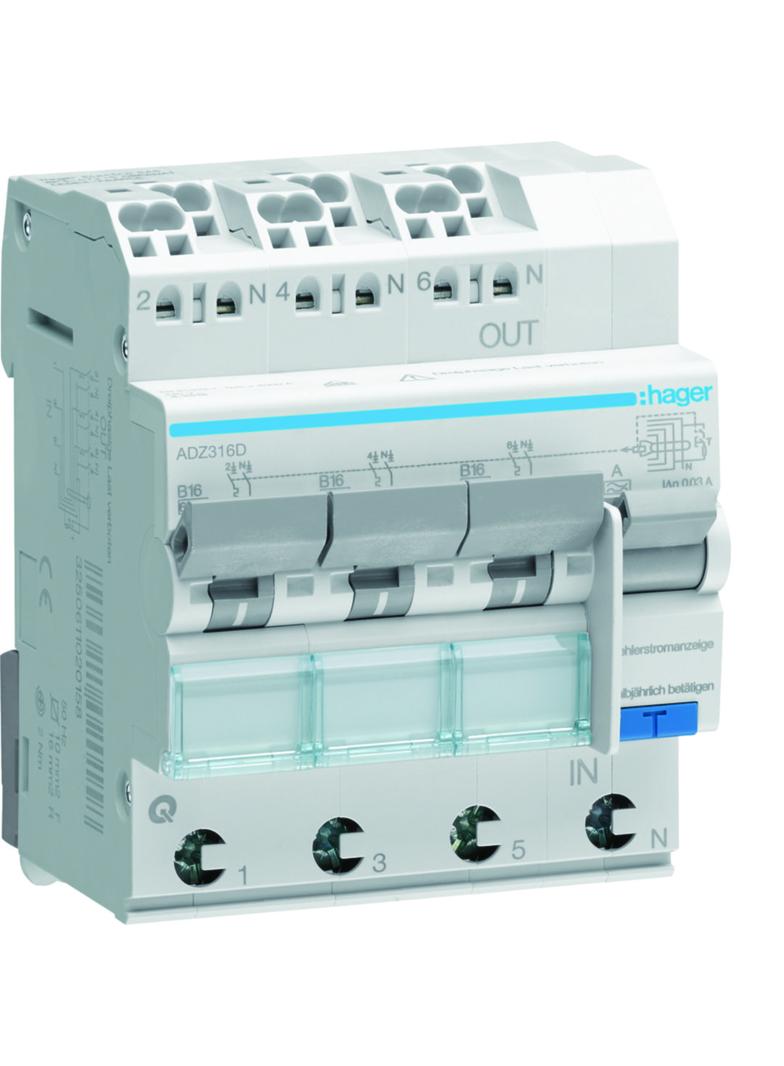 RCBO Wyłącznik różnicowoprądowy z członem nadprądowym 3x1P+N 6kA B16A 30mA Typ A QC/QBB ADZ316D HAGE