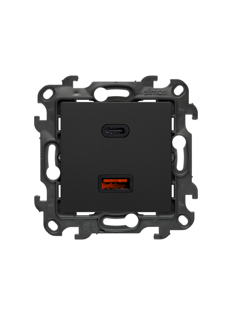 Simon 24 Ładowarka podwójna USB typ A+C Quick Charge 30W 230V czarny mat NEC2CAQ.01/49