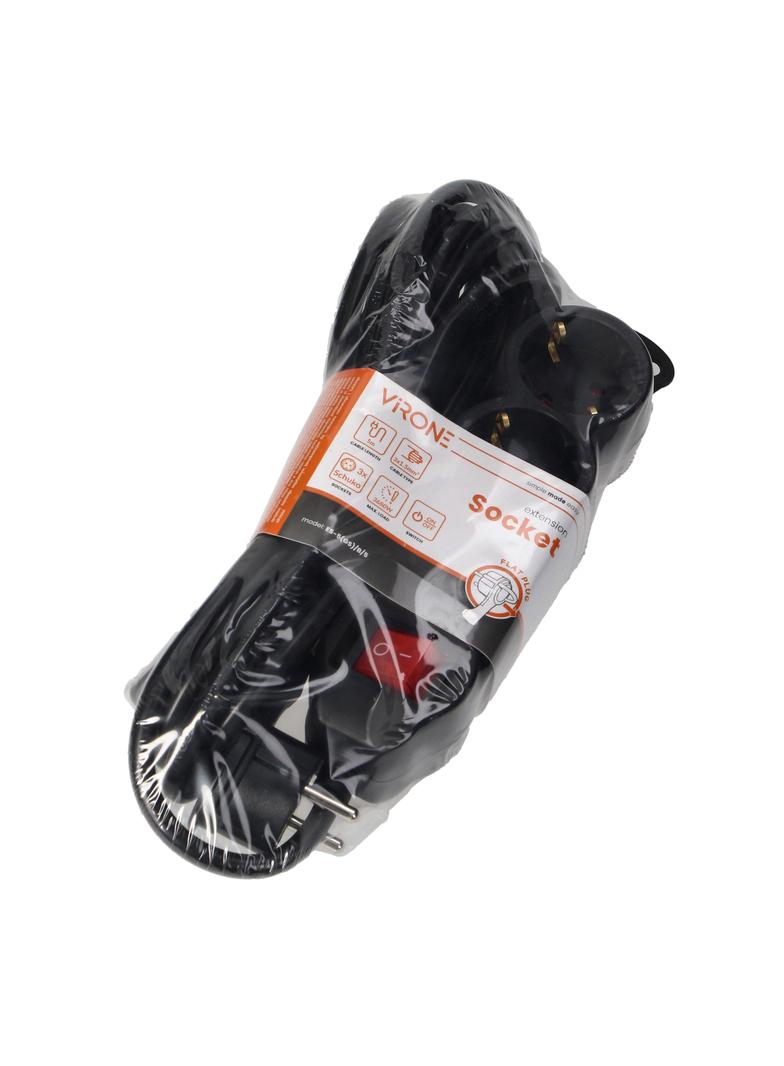 Przedłużacz 3-krotny 2P+Z (Schuko), z wyłącznikiem, 5m H05VV-F 3x1,5mm2, Imax=16A, płaska wtyczka, c ES-5(GS)/B/5 ORNO