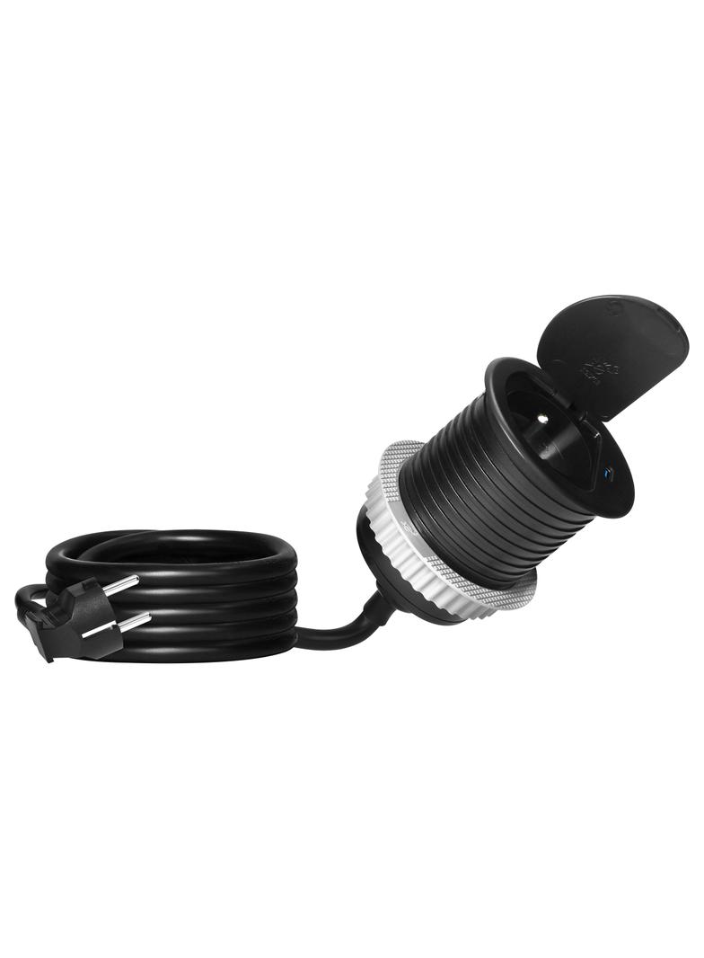 Gniazdo meblowe O6cm wpuszczane w blat z pokrywką, ładowarką USB i przewodem 1,9m, 1x2P+Z (French), OR-GM-9040/B ORNO