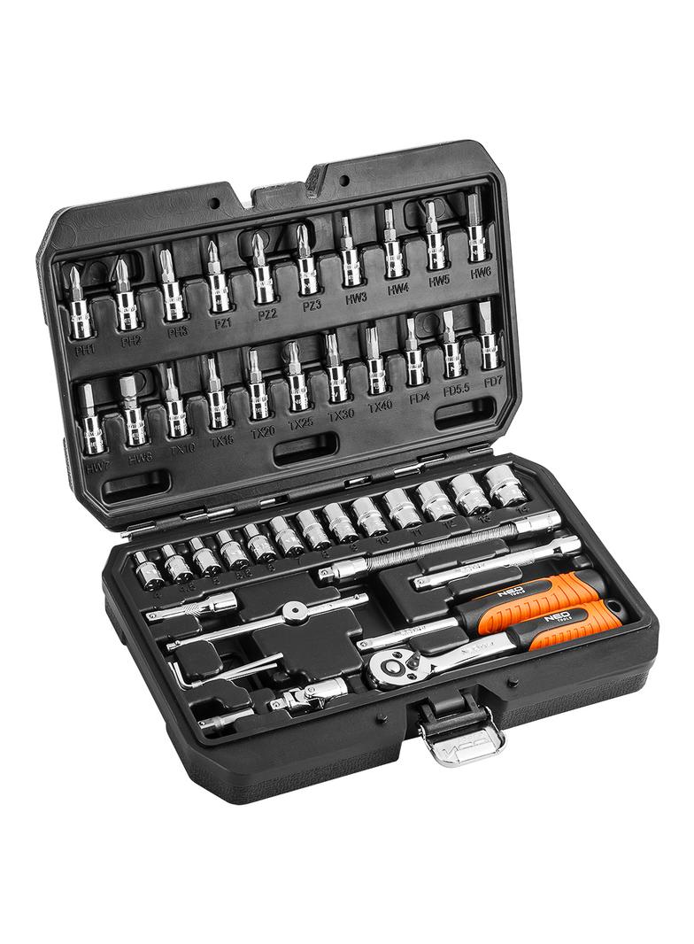 Klucze nasadowe 1/4", zestaw 46 szt., CrV