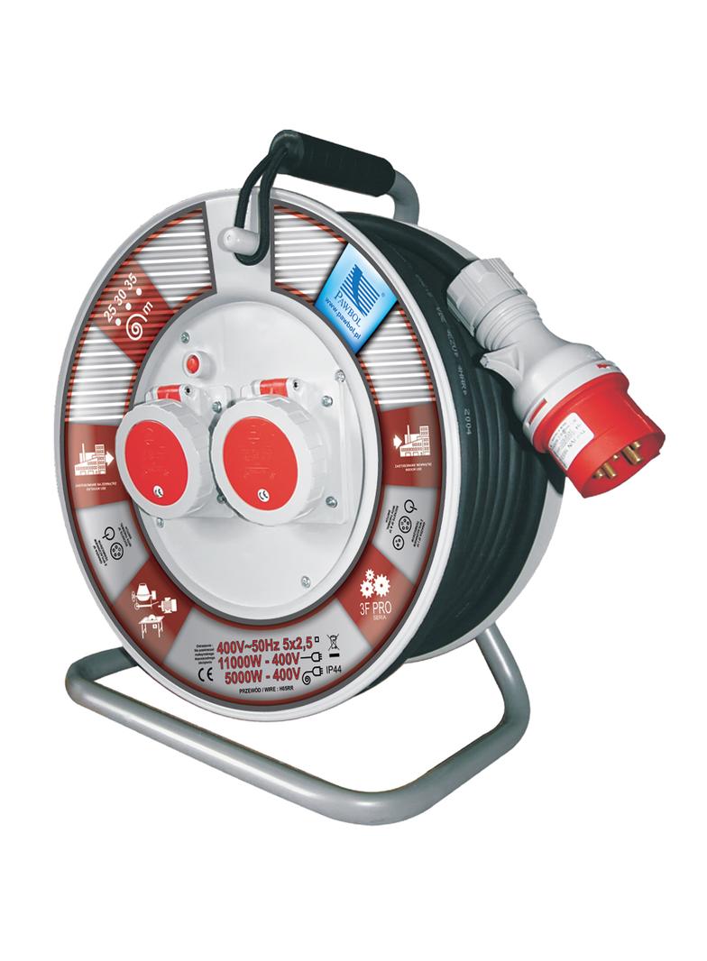 Przedłużacz zwijany na bębnie guma PBS H05RR-F 5x2,5 - 35m, 2x16A/5p (400V), IP55 biały 1107-35 B.1107-35 PAWBOL