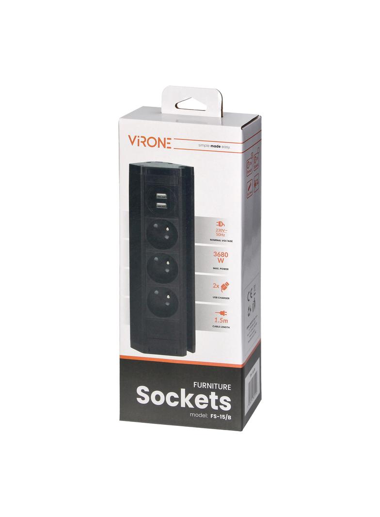 Gniazdo meblowe z uchwytem na telefon ładowarką USB i przewodem 1,5m 3x2P+Z 2xUSB (typ A 2,4A) FS-15