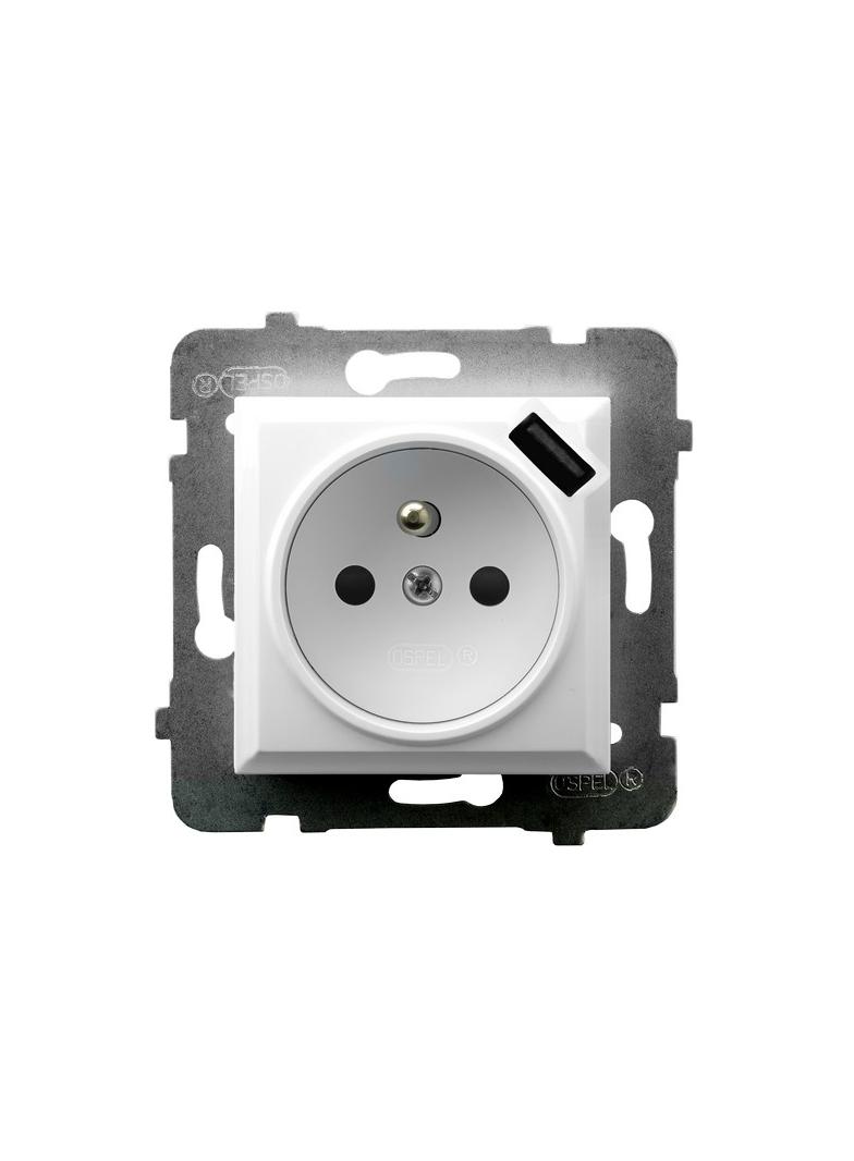 ARIA Gniazdo pojedyncze z uziemieniem z przesłonami torów prądowych, z ładowarką USB - kolor biały