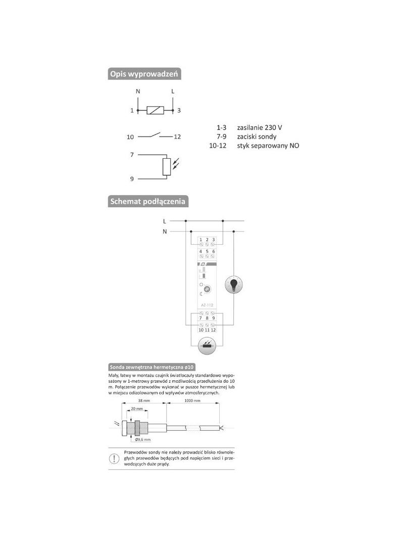 Automat zmierzchowy AZ-112-LED z zewnętrzną sondą, przekaźnik InRush16 A (160 A/20 ms)