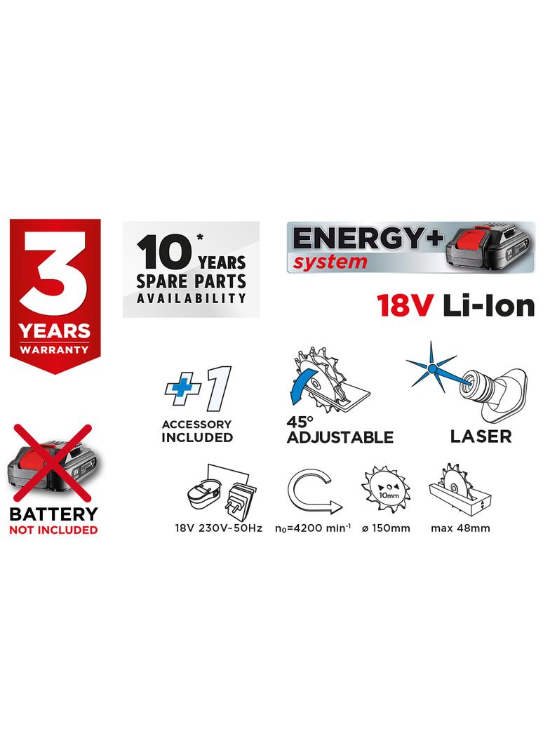 Pilarka tarczowa akumulatorowa Energy+ 18V, Li-Ion, tarcza 150 x 10 mm, bez akumulatora