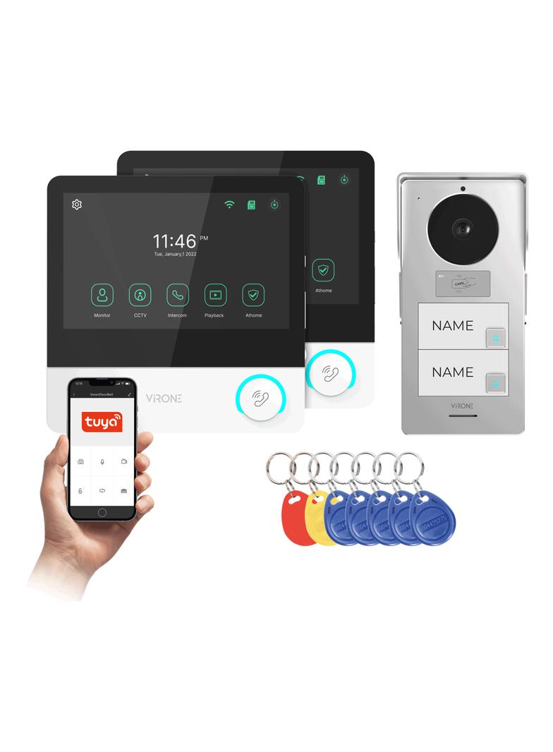 Wideodomofon Dwurodzinny WIFI Domofon breloki 2 monitory 7 cali aplikacja TUYA ORNO