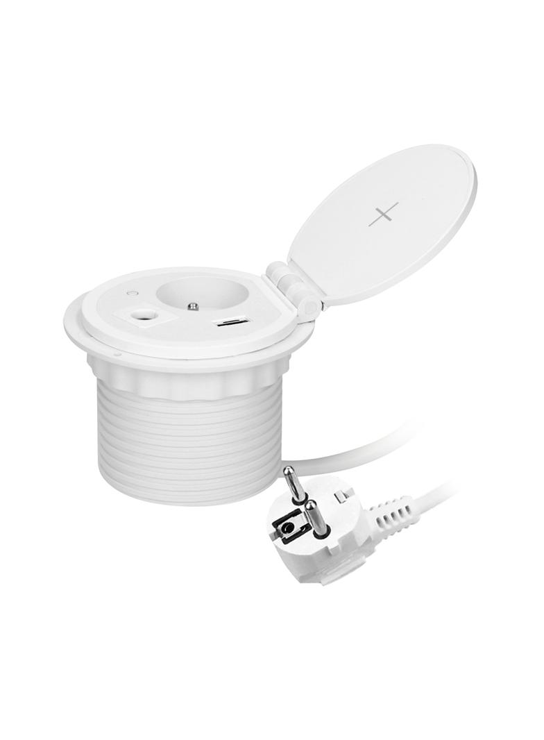 Gniazdo meblowe O8cm wpuszczane w blat z ładowarką indukcyjną ładowarką USB z 2 gniazdami A i C pr O