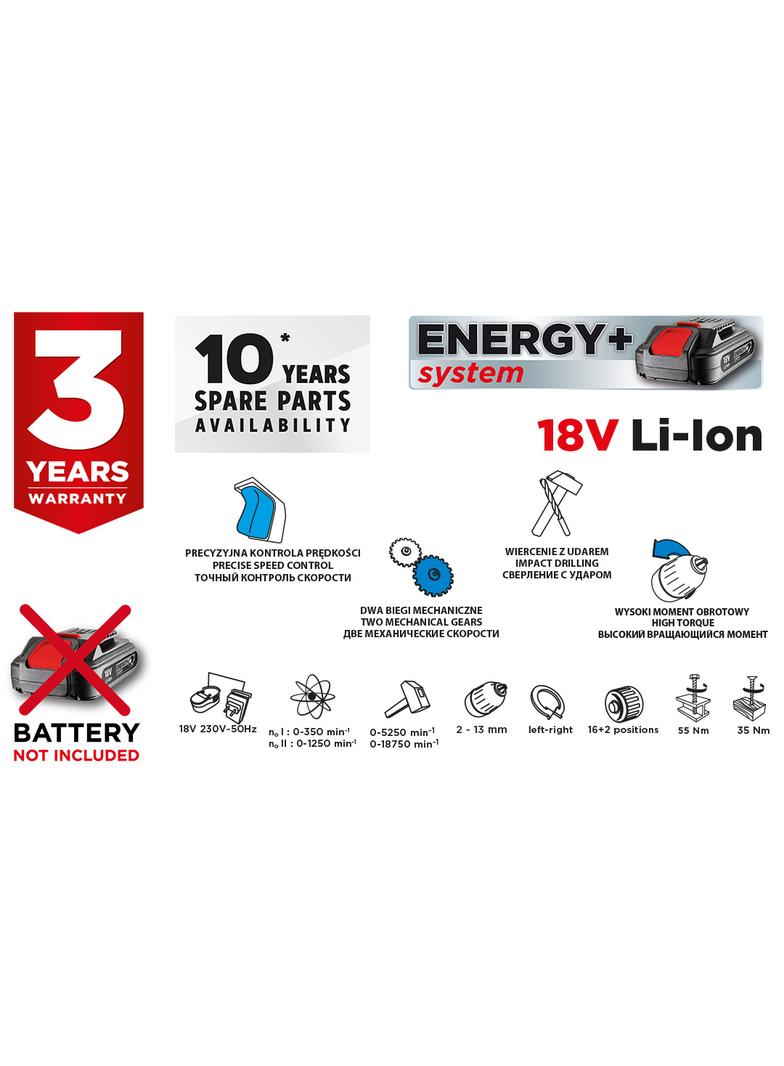 WIERTARKO-WKRĘTARKA AKUMULATOROWA Z UDAREM ENERGY+ 18V, LI-ION, UCHWYT 13 MM, BEZ AKUMULATORA