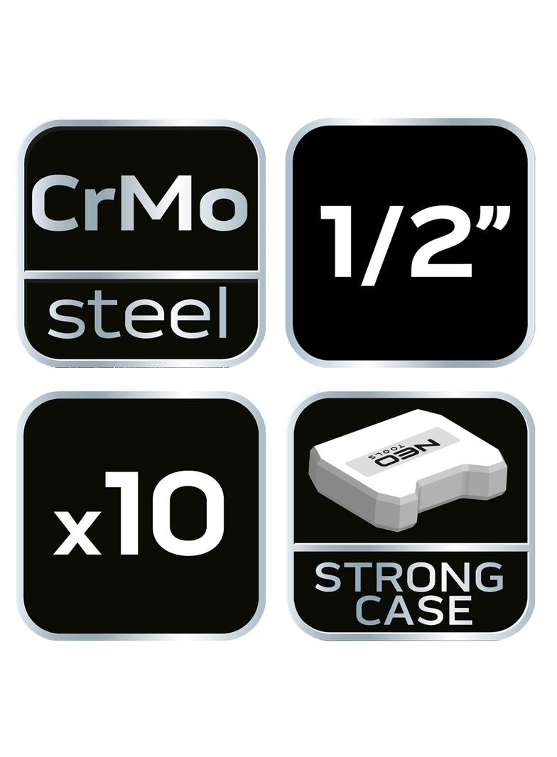 Nasadki udarowe 1/2", 10-24 mm, zestaw 10 szt., CrMo