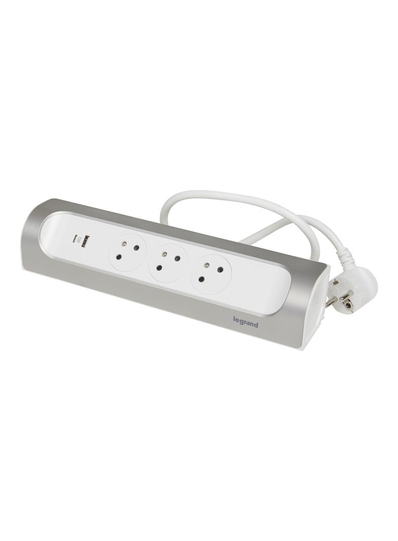 PRZEDŁUŻACZ NAROŻNY 3X2P+Z, USB A+C, Z PRZEWODEM 1.0 METRA 3X1.5 MM2 - BIAŁY/ALUMINIUM, Legrand