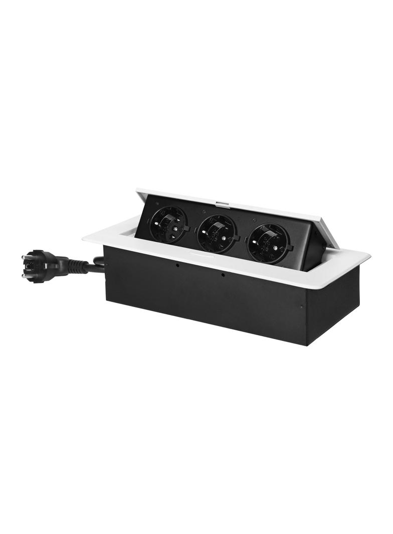 Gniazdo meblowe wpuszczane w blat z płaskim frezowanym rantem i przewodem 1,5m, 3x2P+Z (Schuko), bia