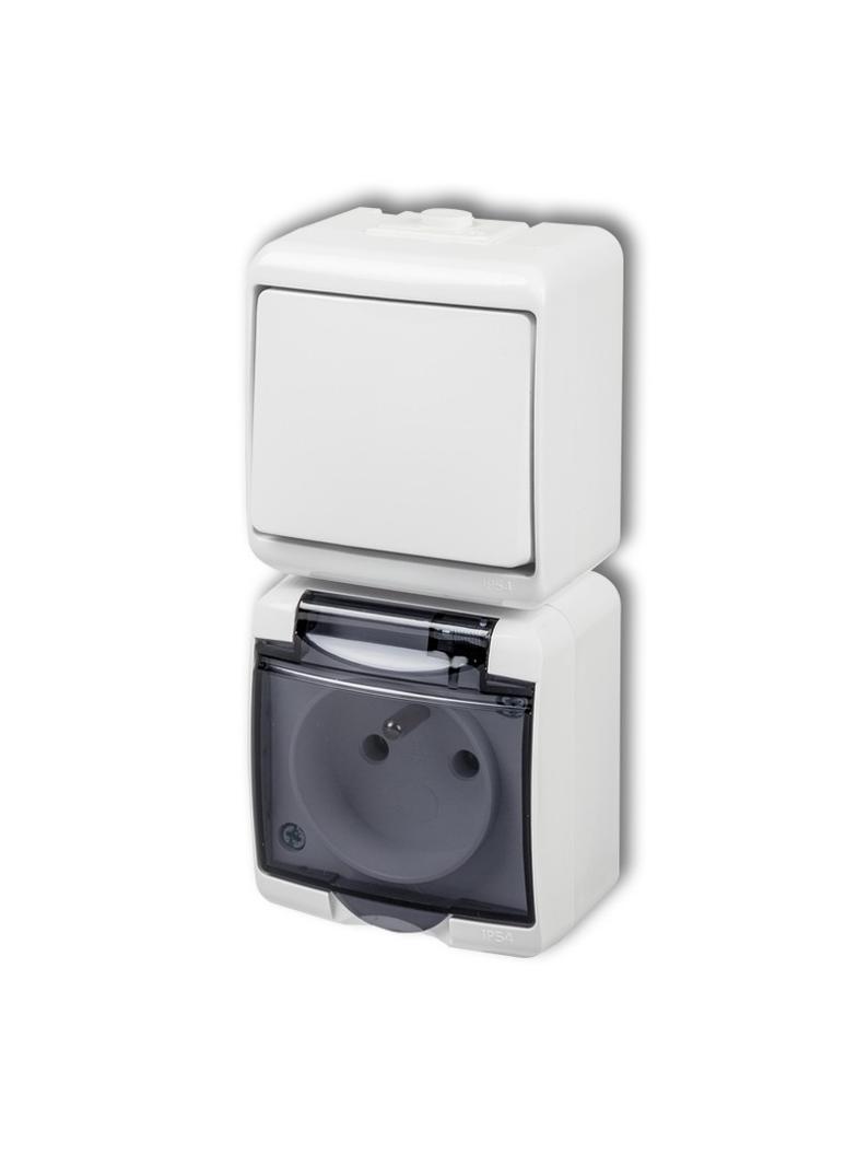 JUNIOR Łącznik jednobiegunowy z gniazdem pojedynczym z uziemieniem 2P+Z (klapka dymna; bez przesłon)