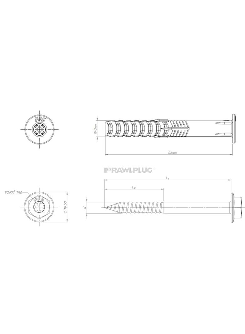 Kołek FFS ramowy poliamidowy z krótką strefą rozporu z kołnierzem 10x50mm i wkrętem z łbem heksagona R-FFS-N-10K050 RAWLPLUG