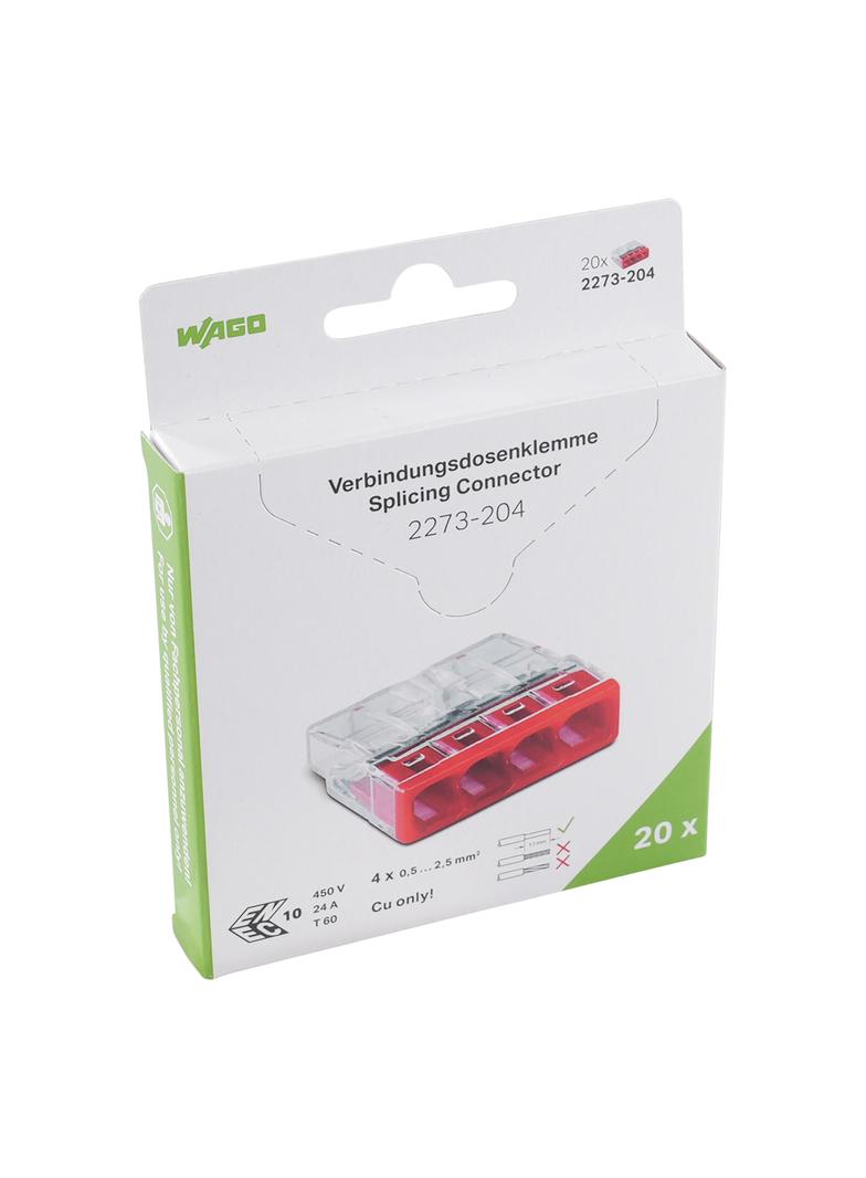 Szybkozłączka 4x 0,5‑2,5mm2 transparentna/czerwona 2273‑204, 2273‑204/995‑020 /20szt./ WAGO