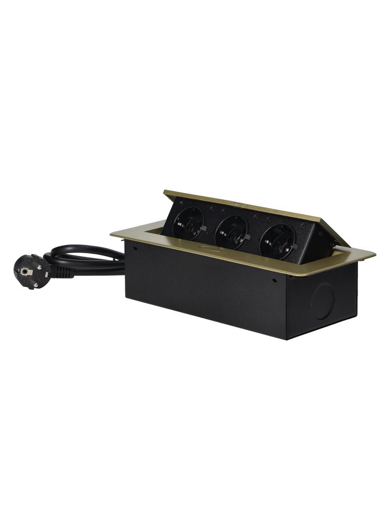 Gniazdo meblowe wpuszczane w blat z płaskim frezowanym rantem i przewodem 1,5m 3x2P+Z (Schuko) mos O