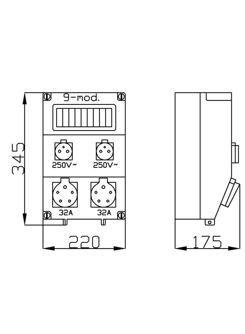 RS 9-mod. 2x2P+Z, 2x3P+N+Z 32A  IP 44 szara