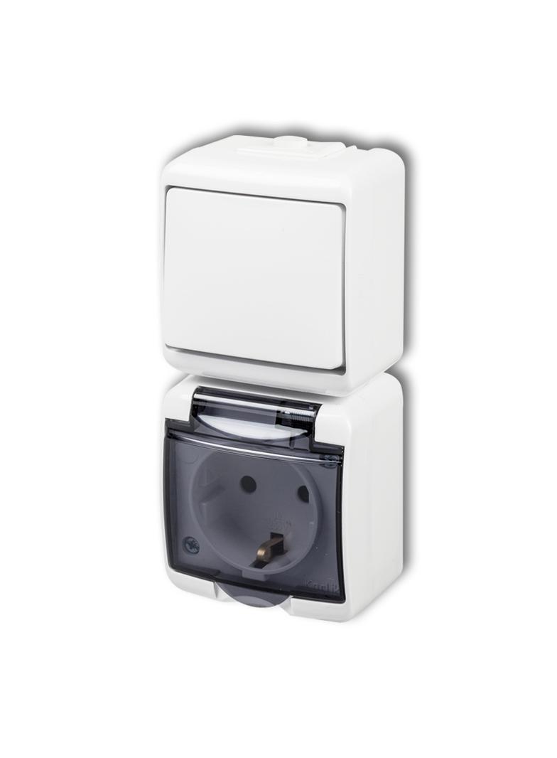 JUNIOR Łącznik jednobiegunowy z gniazdem pojedynczym z uziemieniem SCHUKO 2P+Z (klapka dymna; przesł