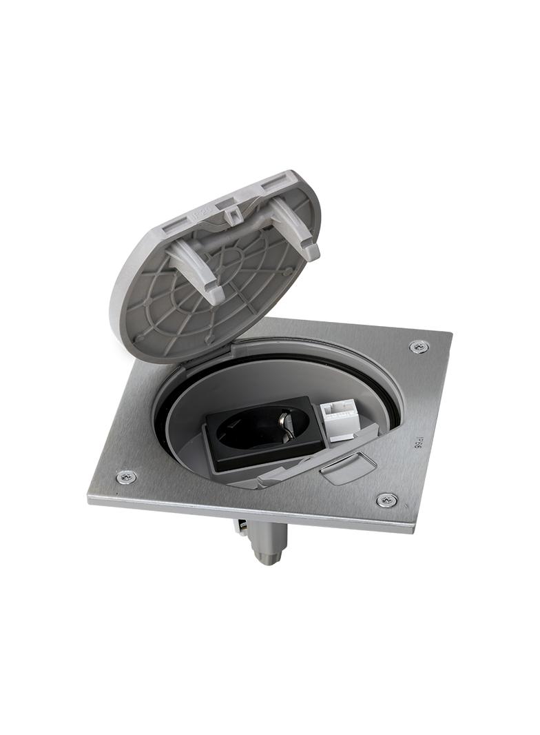 Simon Connect Wkład z pokrywą z gn. schuko + RJ45 kat.5e stal nierdz. KSE15U/23/72 KONTAKT