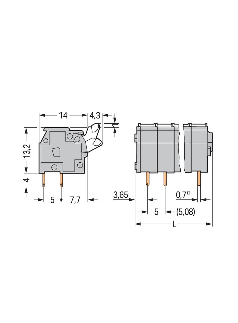 Listwa zaciskowa do płytek drukowanych 6‑torowa z przyciskami raster 5‑5,08mm szara 255‑406 /35szt./ WAGO