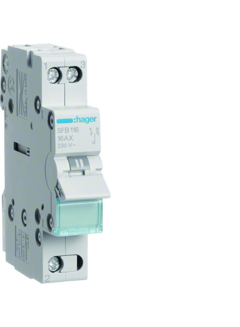 Modułowy przełącznik instalacyjny I-0-II punkt wspólny od dołu 1P 16A 230VAC SFB116 HAGER