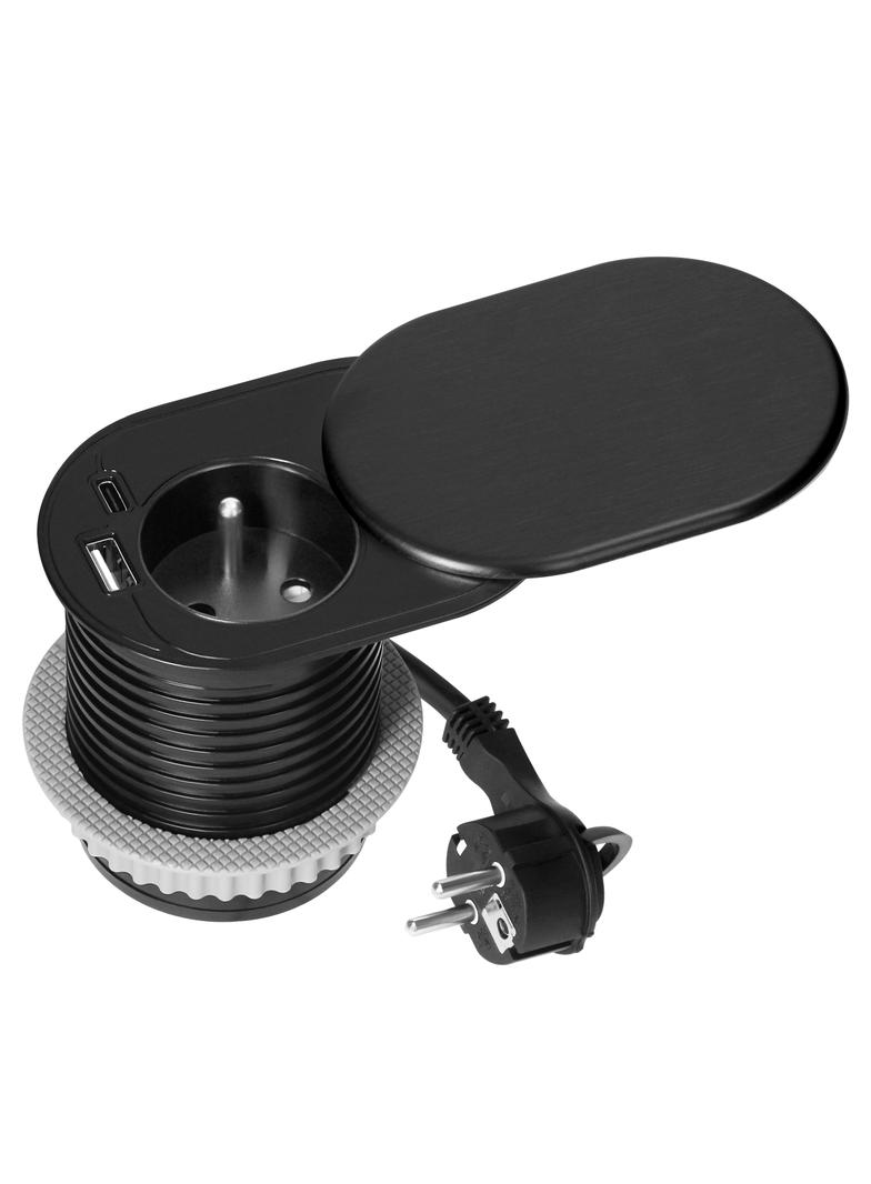 Gniazdo meblowe O6cm, wpuszczane w blat z przesuwną pokrywką, ładowarką USB i przewodem 1,9m, 1x2P+Z
