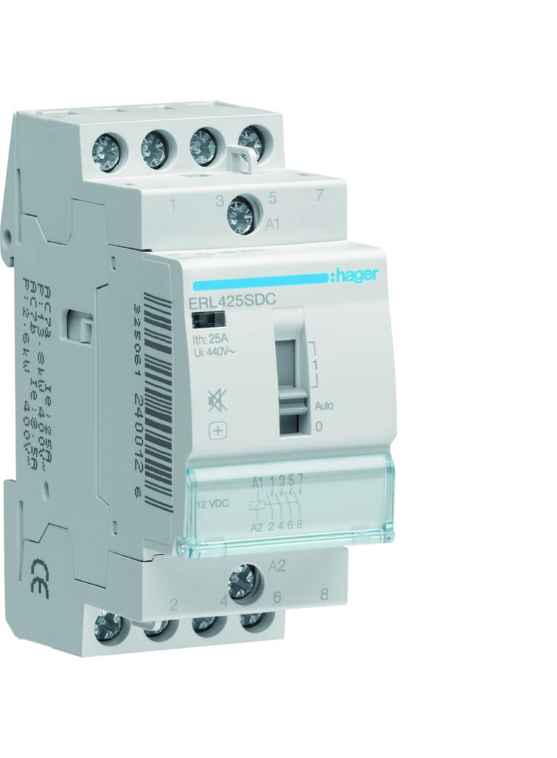 Stycznik modułowy cichy z możliwością sterowania ręcznego 12V DC 4Z 25A AC-7A B ERL425SDC HAGER