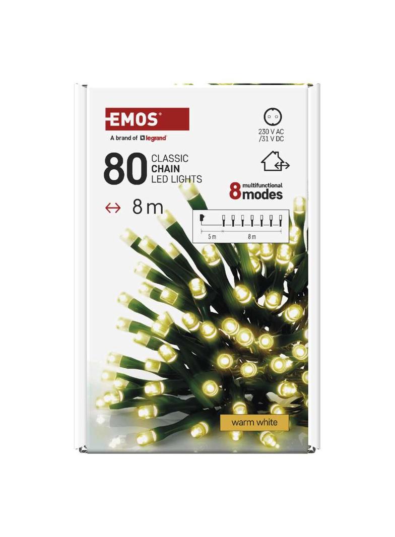 Lampki choinkowe Classic 80 LED 8m ciepła biel zielony przewód IP44 8 programów timer D4AW22 EMOS