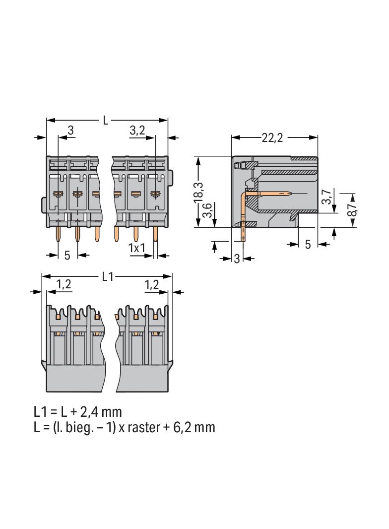 X-COM gniazdo pinowe 2-torowe szare raster 5 mm