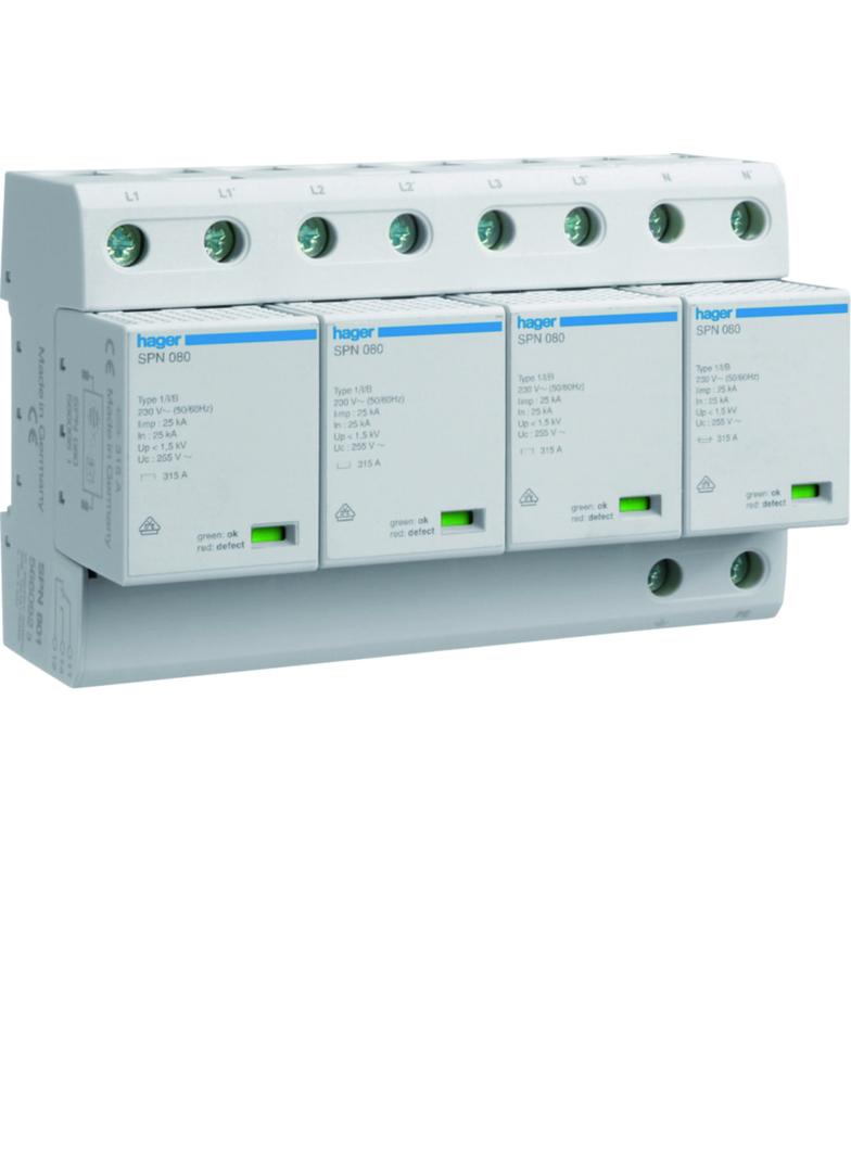SPD Ogranicznik przepięć T1 kombinowany 4P TN-S Iimp=100kA Up?1,5kV styk FM