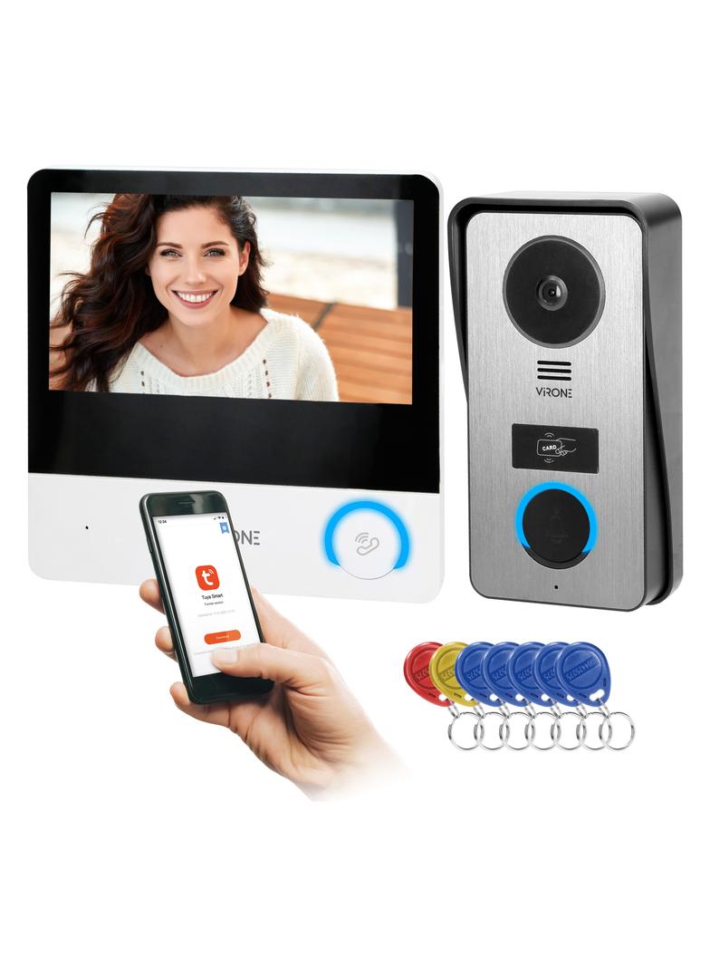 Zestaw wideodomofonowy, bezsłuchawkowy, monitor dotykowy 7" LCD, Wi-Fi + APP na telefon, z gniazdem