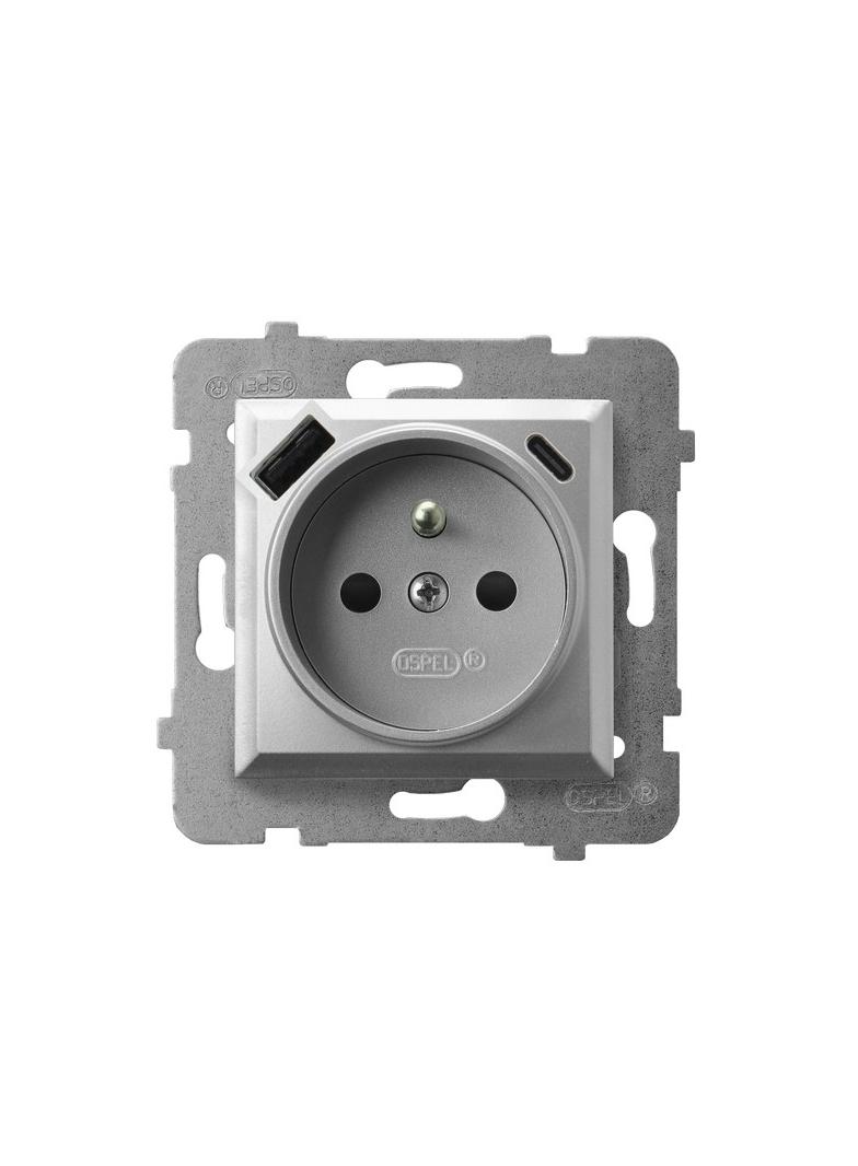 Gniazdo pojedyncze z uziemieniem z ładowarką A+C ARIA SREBRO