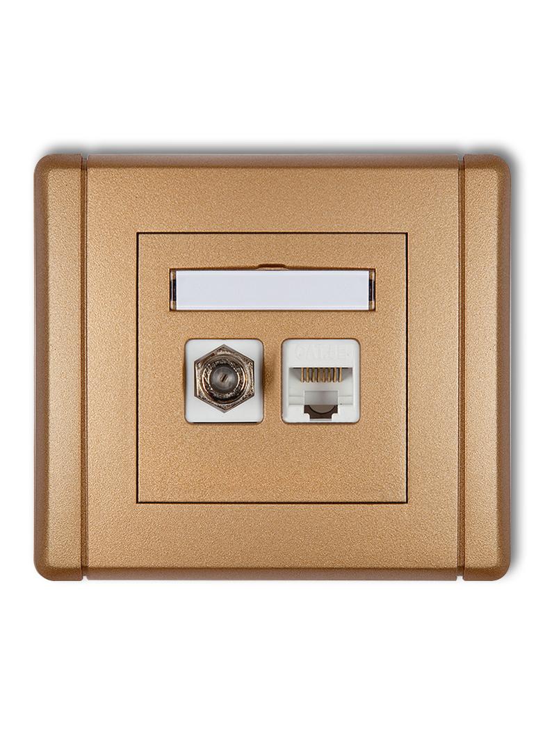 FLEXI Gniazdo antenowe poj. typu F (SAT) + gniazdo komp. poj. 1xRJ45, kat. 6, 8-stykowe złoty metali