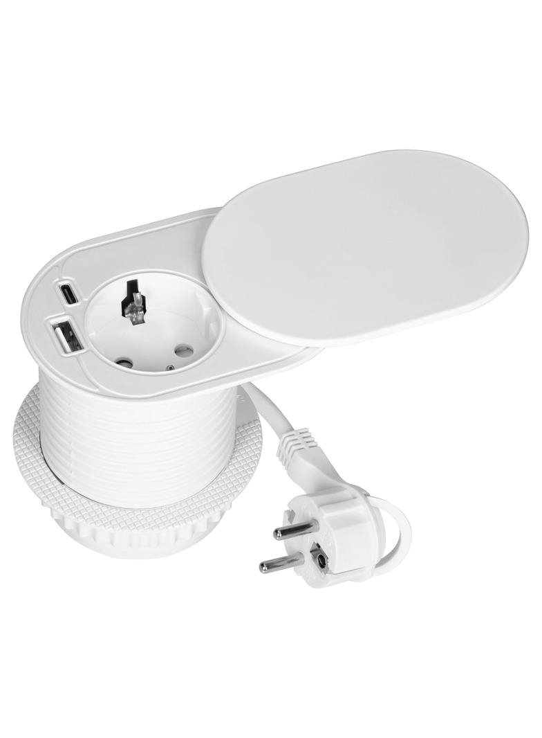 Gniazdo meblowe O6cm, wpuszczane w blat z przesuwną pokrywką, ładowarką USB i przewodem 1,9m, 1x2P+Z